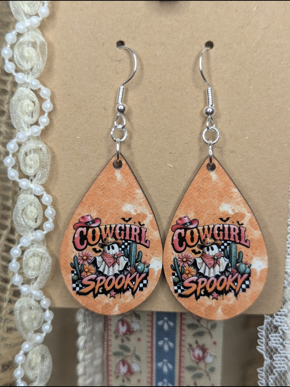 Cowgirl Spooky Orange Teardrop Earrings
